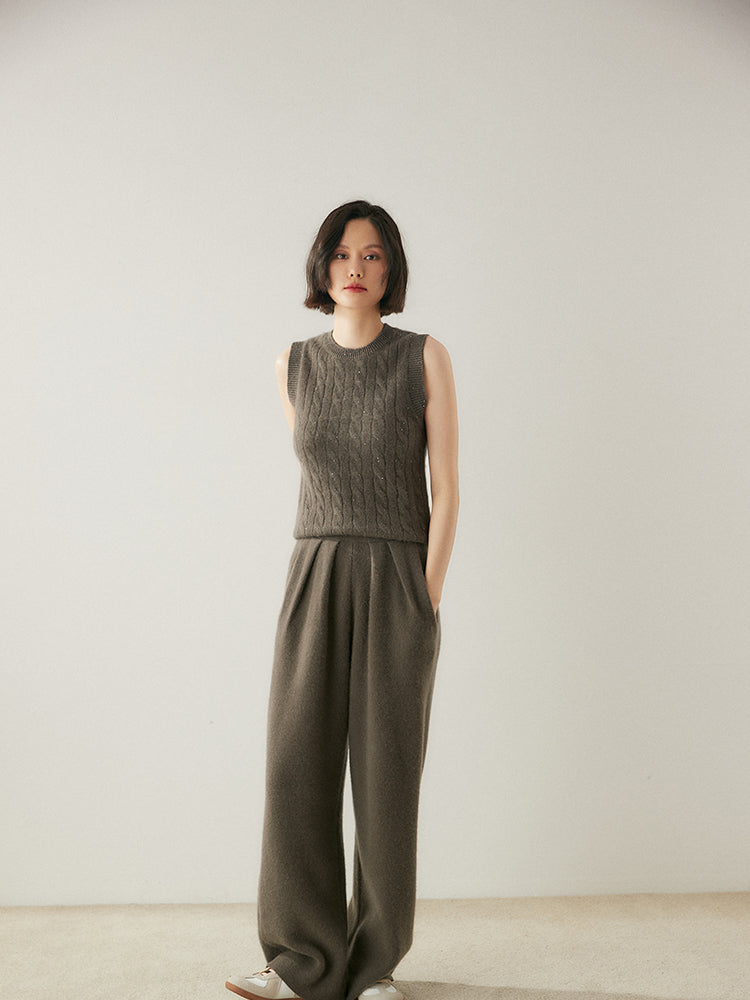 Cashmere Wool Wide-Leg Pile Detail Trousers