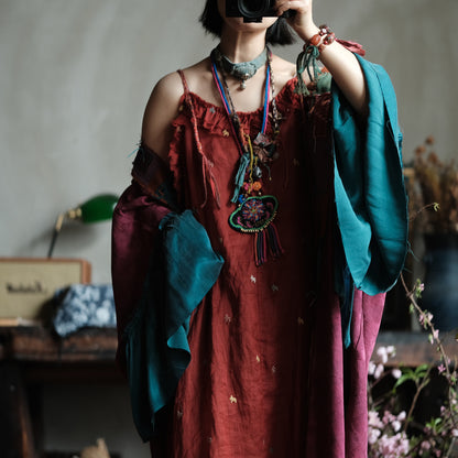 Crimson Garden Embroidered Linen Dress