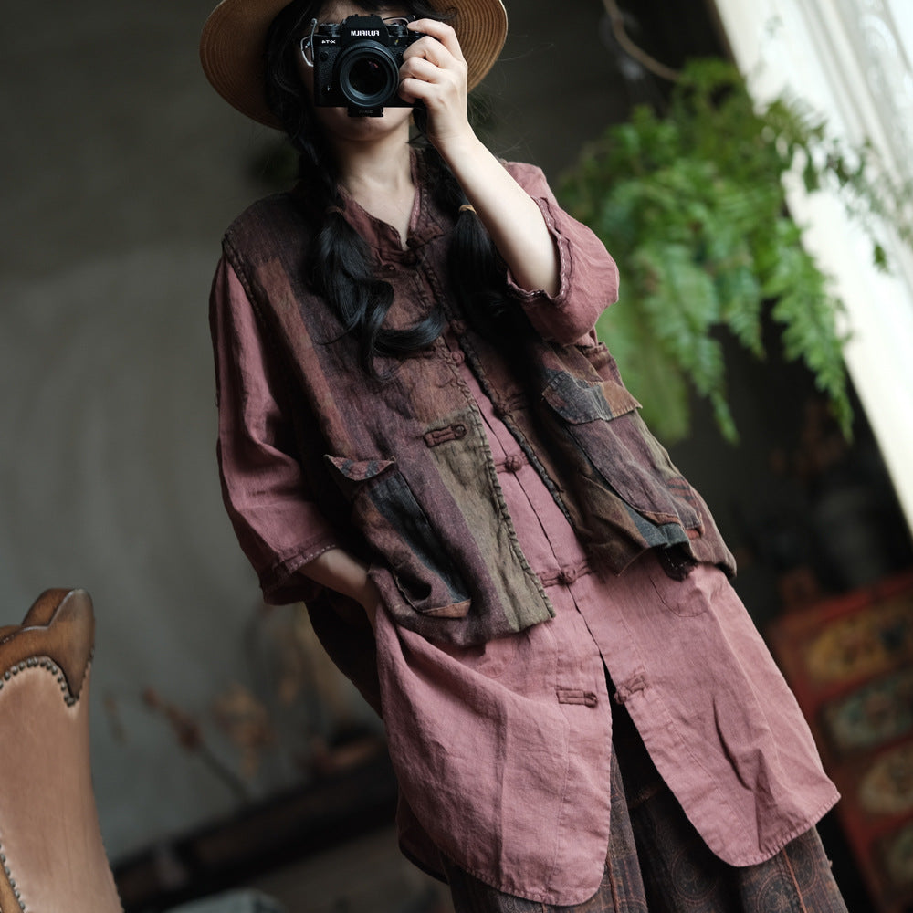 Gilet bohème en lin à poches
