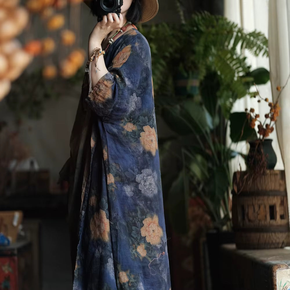 Vintage Blue Garden Cotton Long Shirt