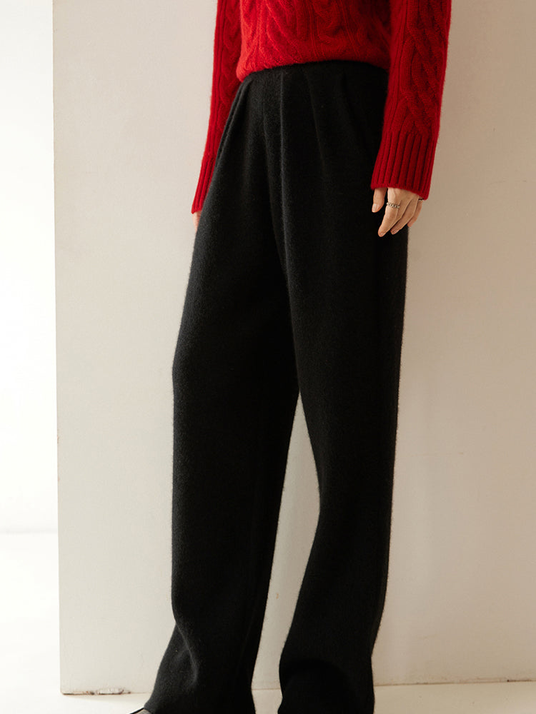 Cashmere Wool Wide-Leg Pile Detail Trousers