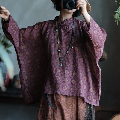 Vintage Floral Ramie Batwing Blouse