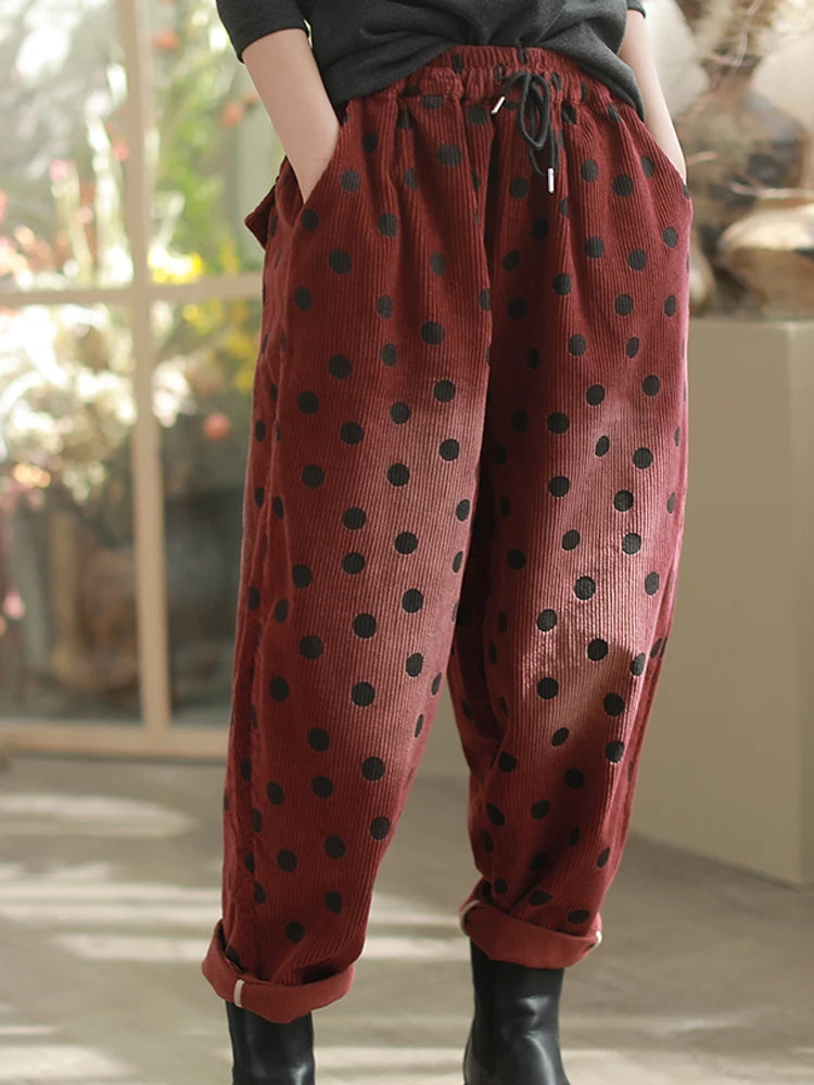 Dot Cozy Corduroy Pants – Polka Dot, Elastic Waist, Ankle Length