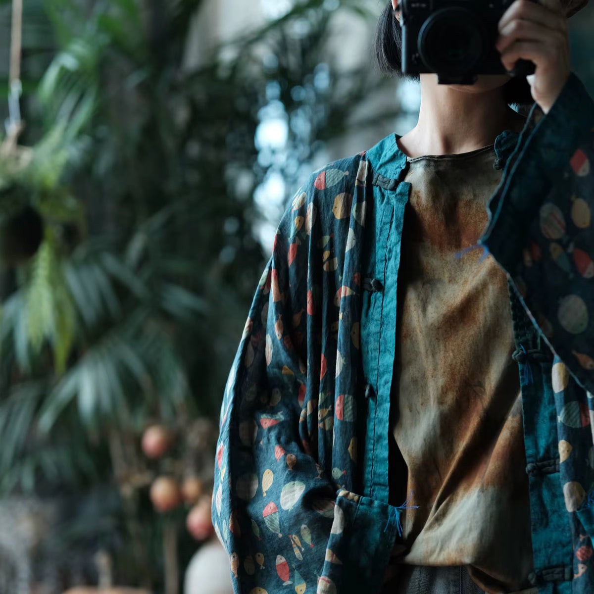 Indigo Fish Print Ramie Kimono