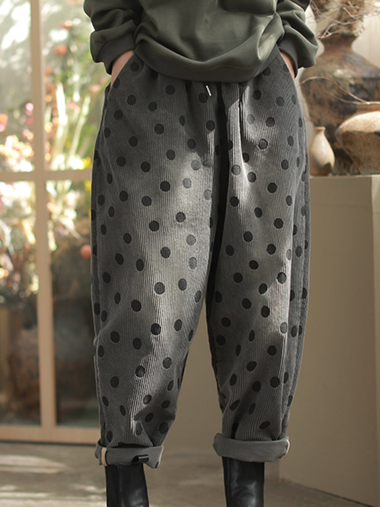 Dot Cozy Corduroy Pants – Polka Dot, Elastic Waist, Ankle Length