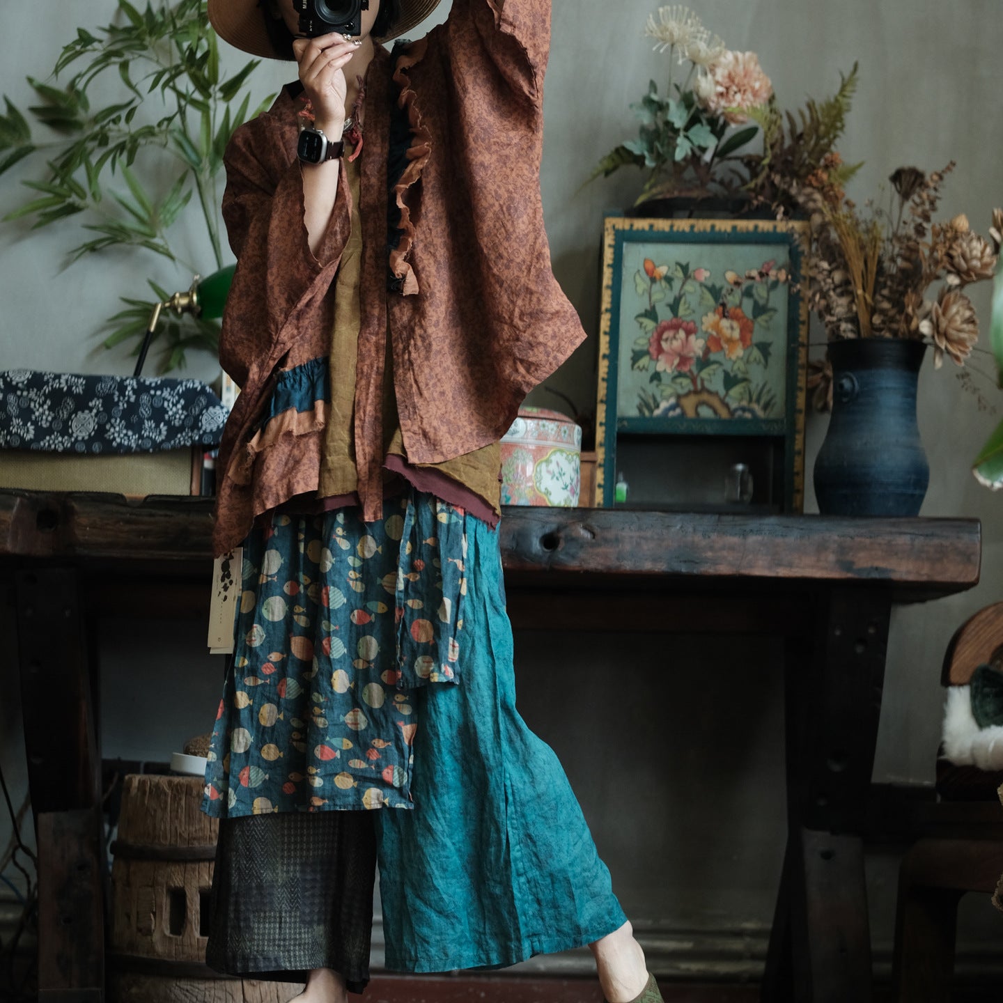 Vintage Fish Print Ramie Wide Leg Pants