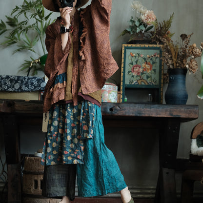 Vintage Fish Print Ramie Wide Leg Pants