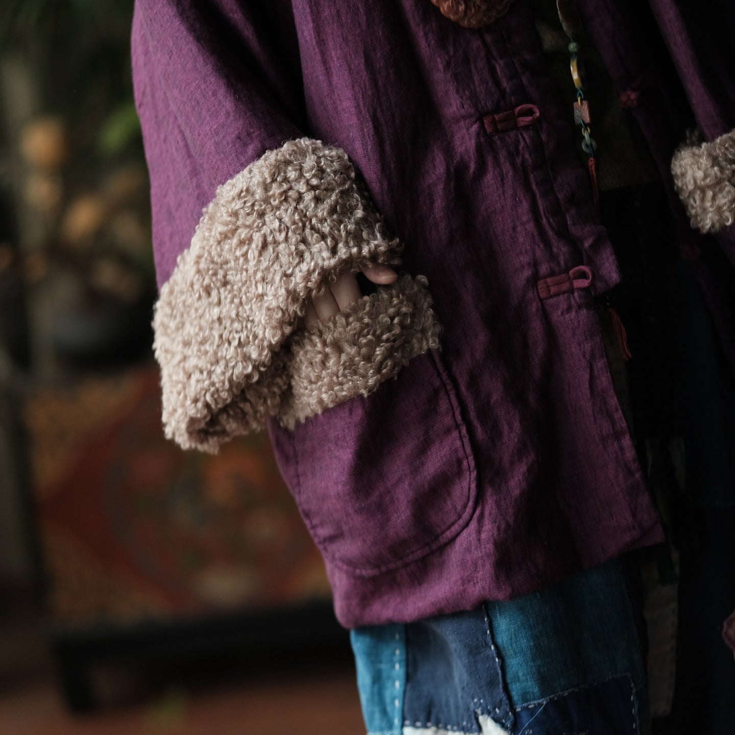 Vintage Padded Cotton Linen Jacket – Faux Fur Trim, Oversized Buttoned Coat