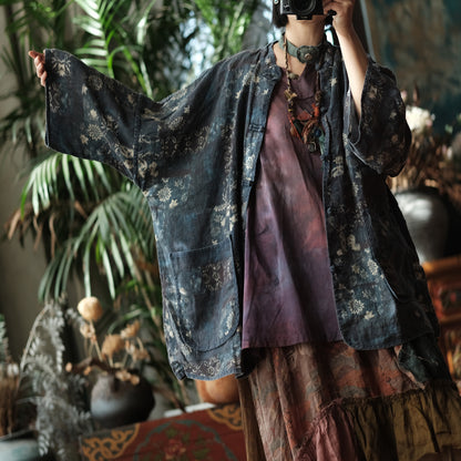 Indigo Garden Linen Kimono Jacket