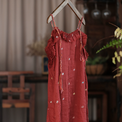 Crimson Garden Embroidered Linen Dress