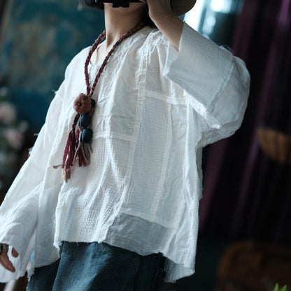 Vintage Patchwork V-Neck Blouse