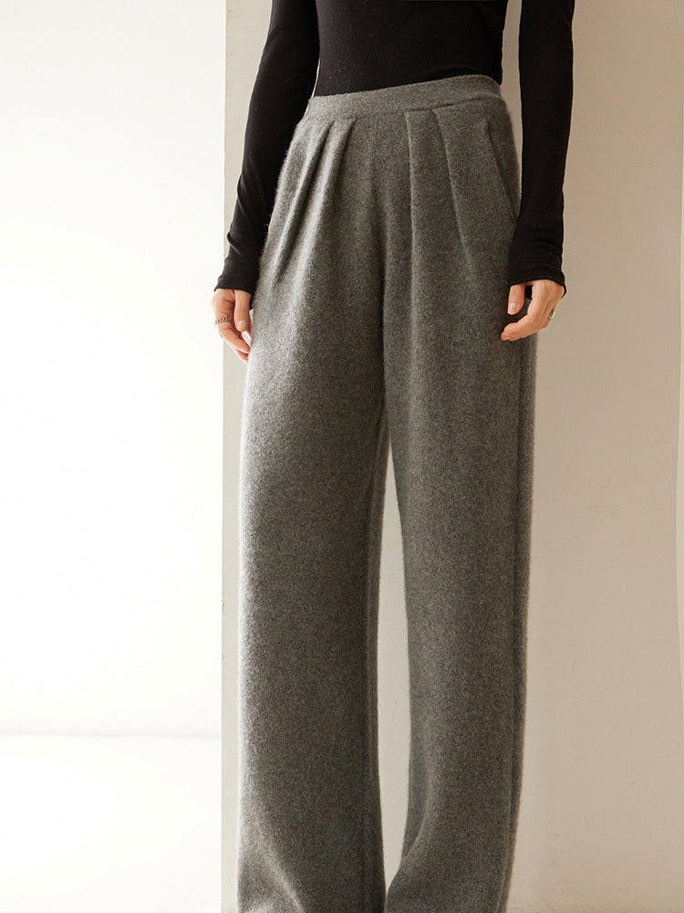 Cashmere Wool Wide-Leg Pile Detail Trousers