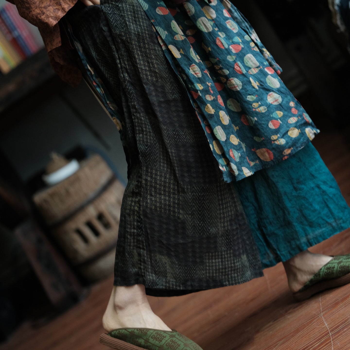 Vintage Fish Print Ramie Wide Leg Pants