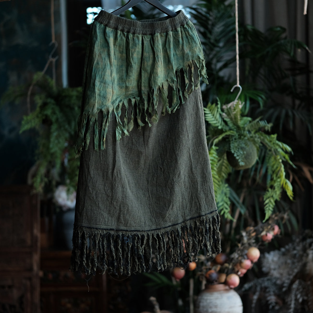 Charcoal Moss Nomad Fringe Cotton-Linen Midi Skirt