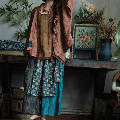 Vintage Fish Print Ramie Wide Leg Pants