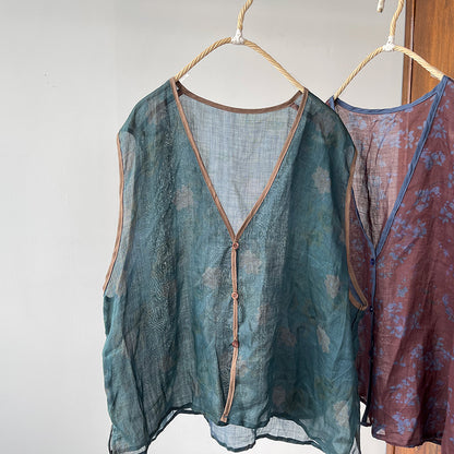 Floral Ramie V-Neck Vest