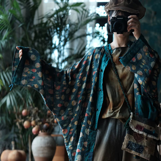 Indigo Fish Print Ramie Kimono