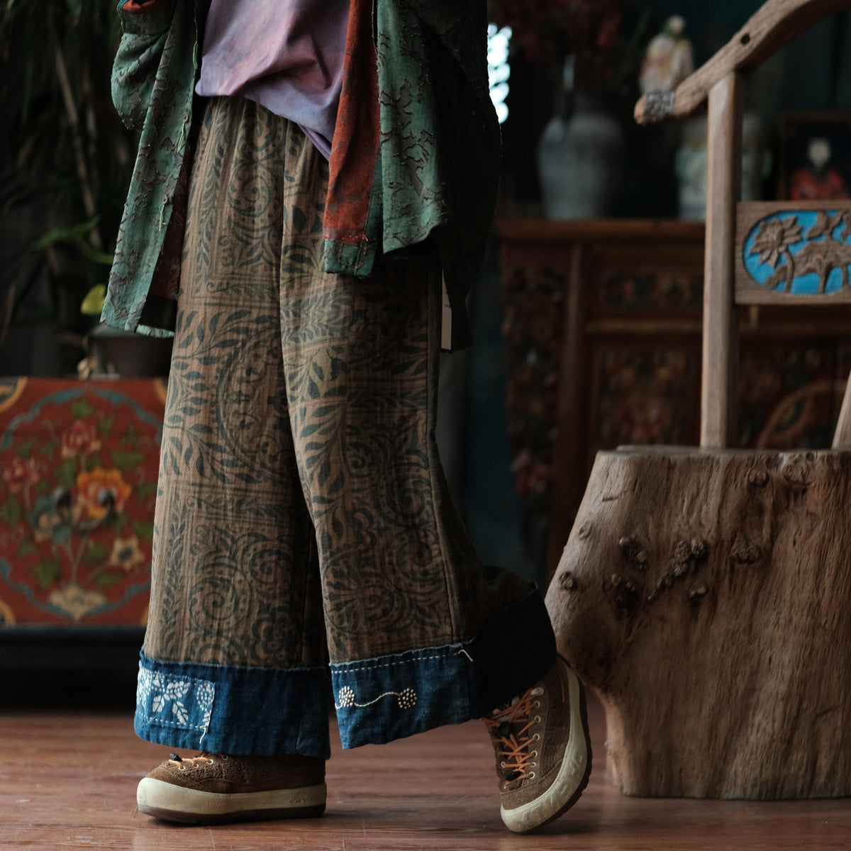 Botanical Archive Cropped Wide-Leg Cotton Pants