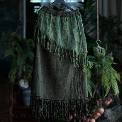 Charcoal Moss Nomad Fringe Cotton-Linen Midi Skirt