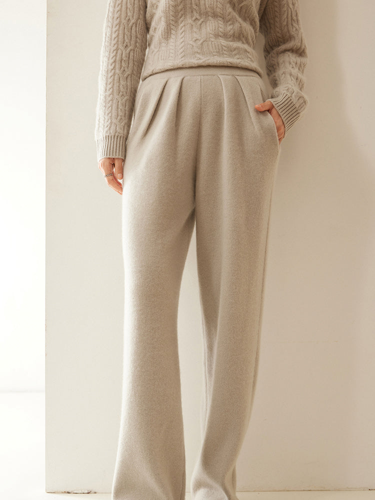 Cashmere Wool Wide-Leg Pile Detail Trousers