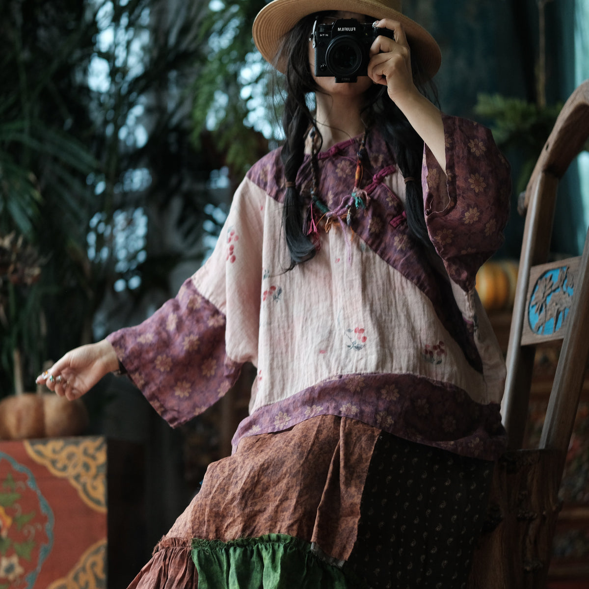 Wild Peony Cotton Batwing Blouse