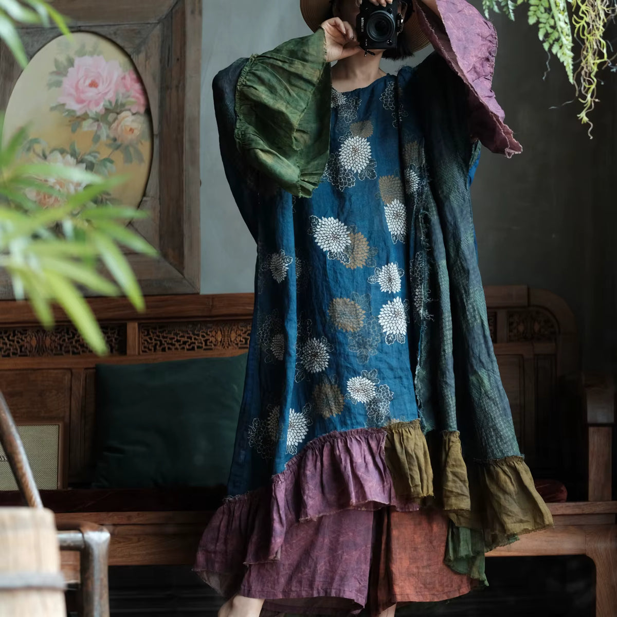 Indigo Garden Patchwork Ramie Dress