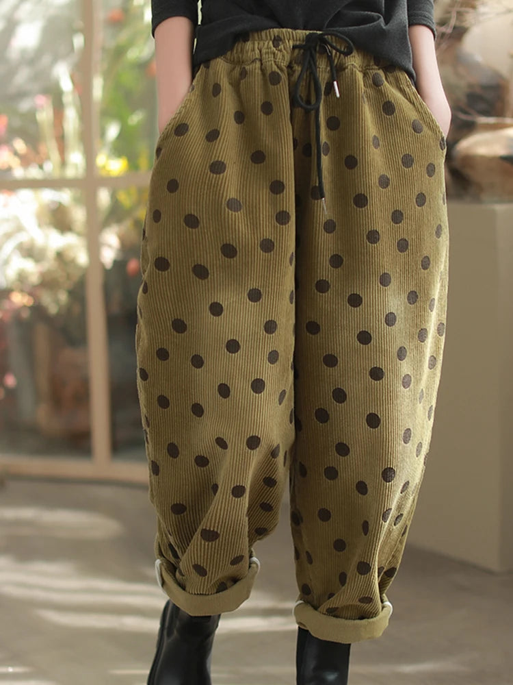 Dot Cozy Corduroy Pants – Polka Dot, Elastic Waist, Ankle Length