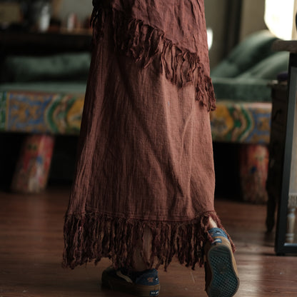 Terracotta Nomad Fringe Cotton-Linen Midi Skirt