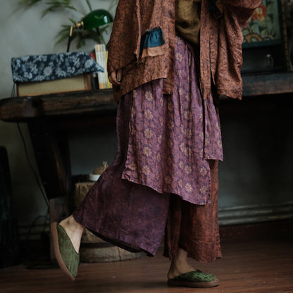 Vintage Floral Ramie Wide Leg Pants