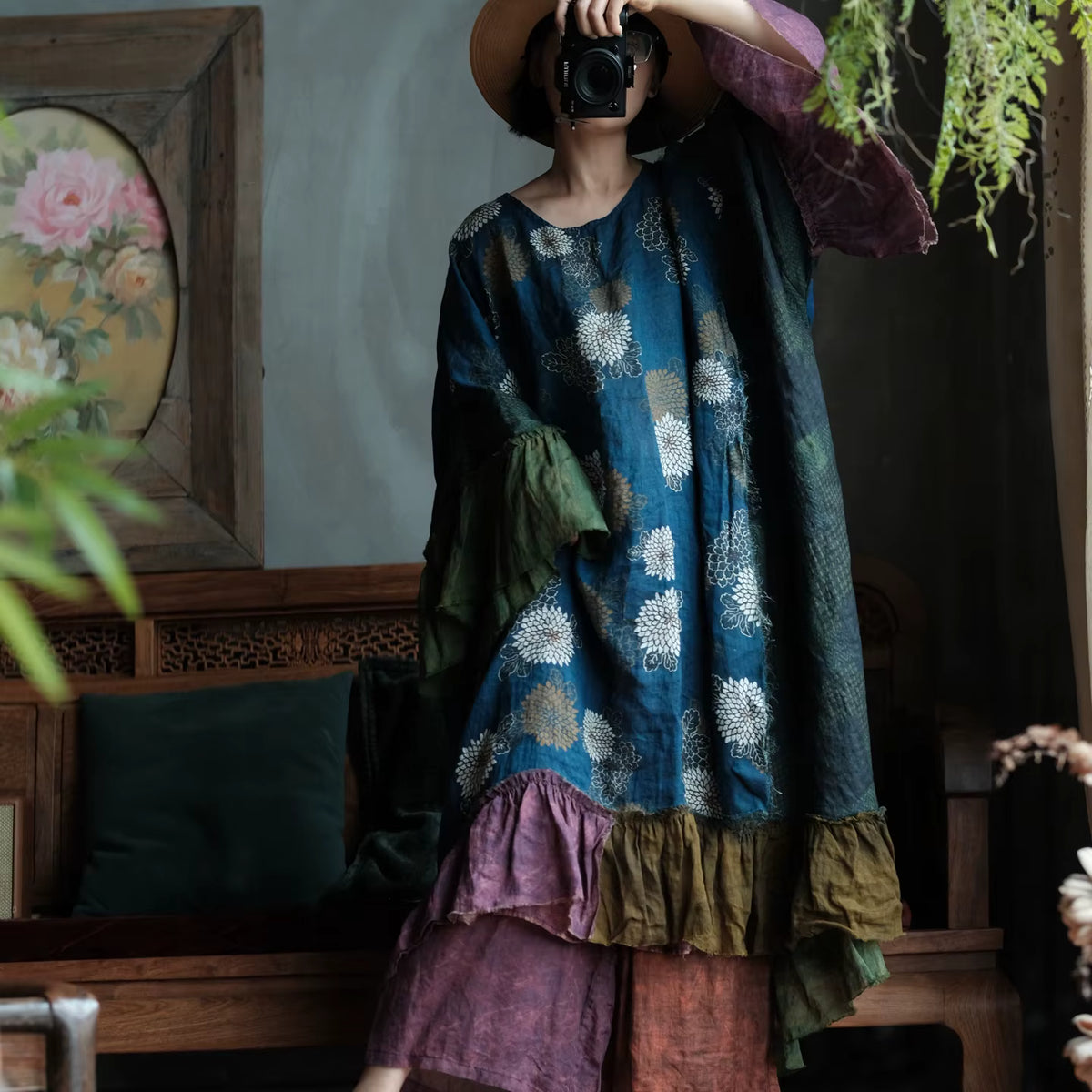 Indigo Garden Patchwork Ramie Dress