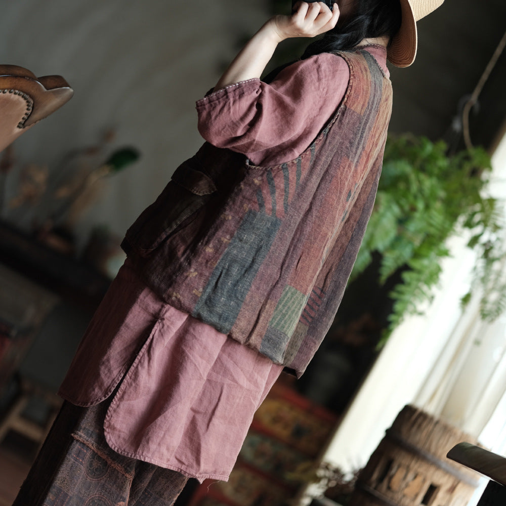 Gilet bohème en lin à poches