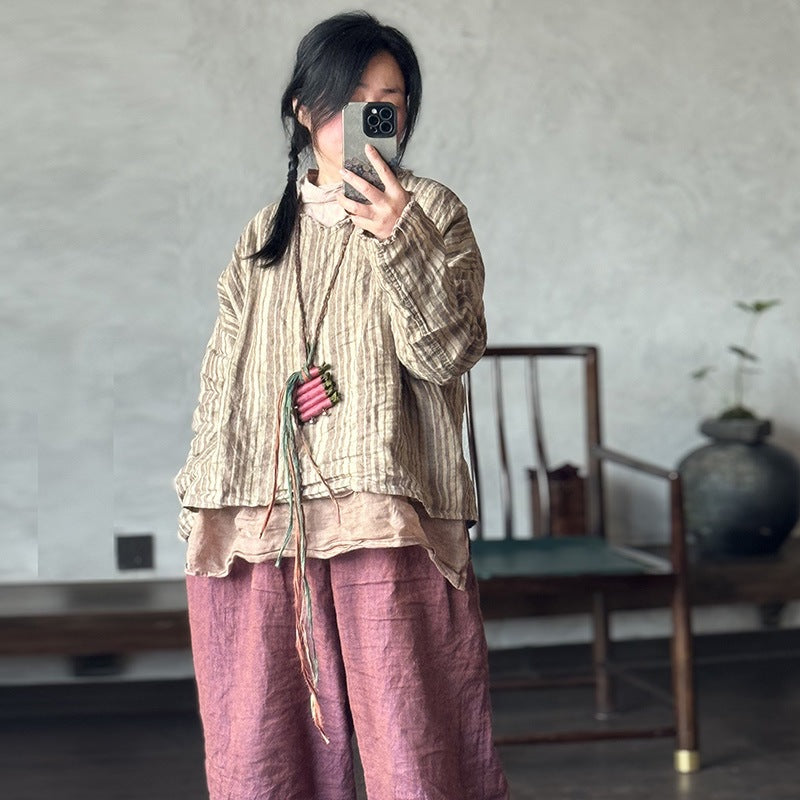 Vintage Striped Linen-Blend Blouse | Relaxed V-Neck Top