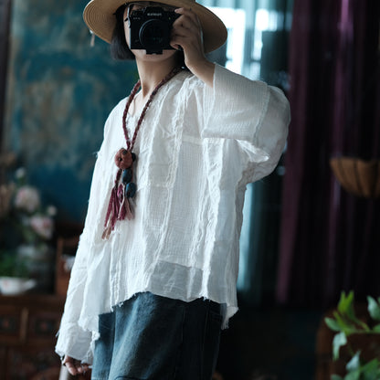 Vintage Patchwork V-Neck Blouse
