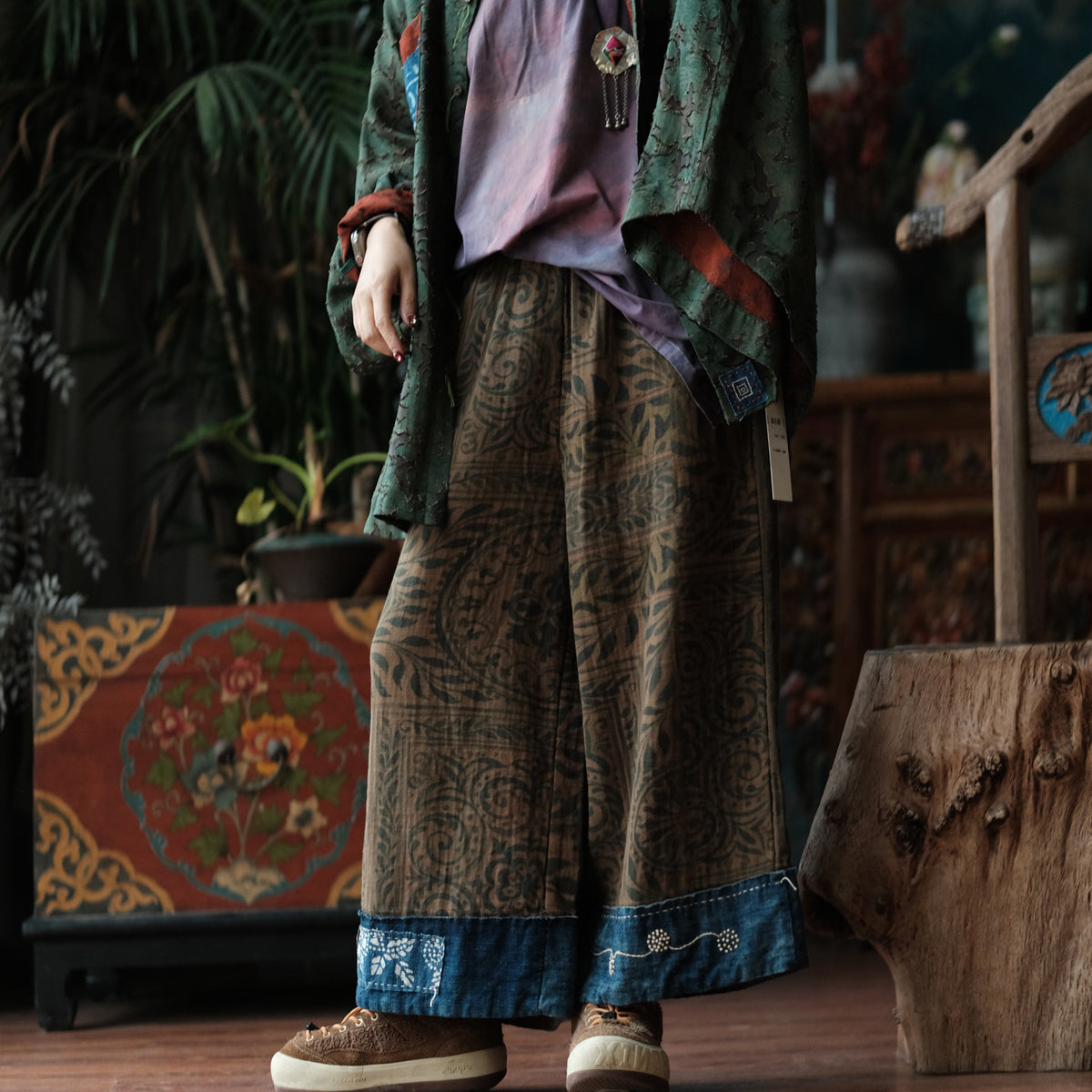 Botanical Archive Cropped Wide-Leg Cotton Pants