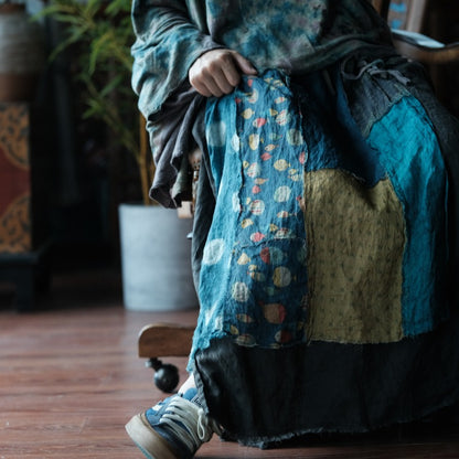Indigo Fish Print Ramie Maxi Skirt