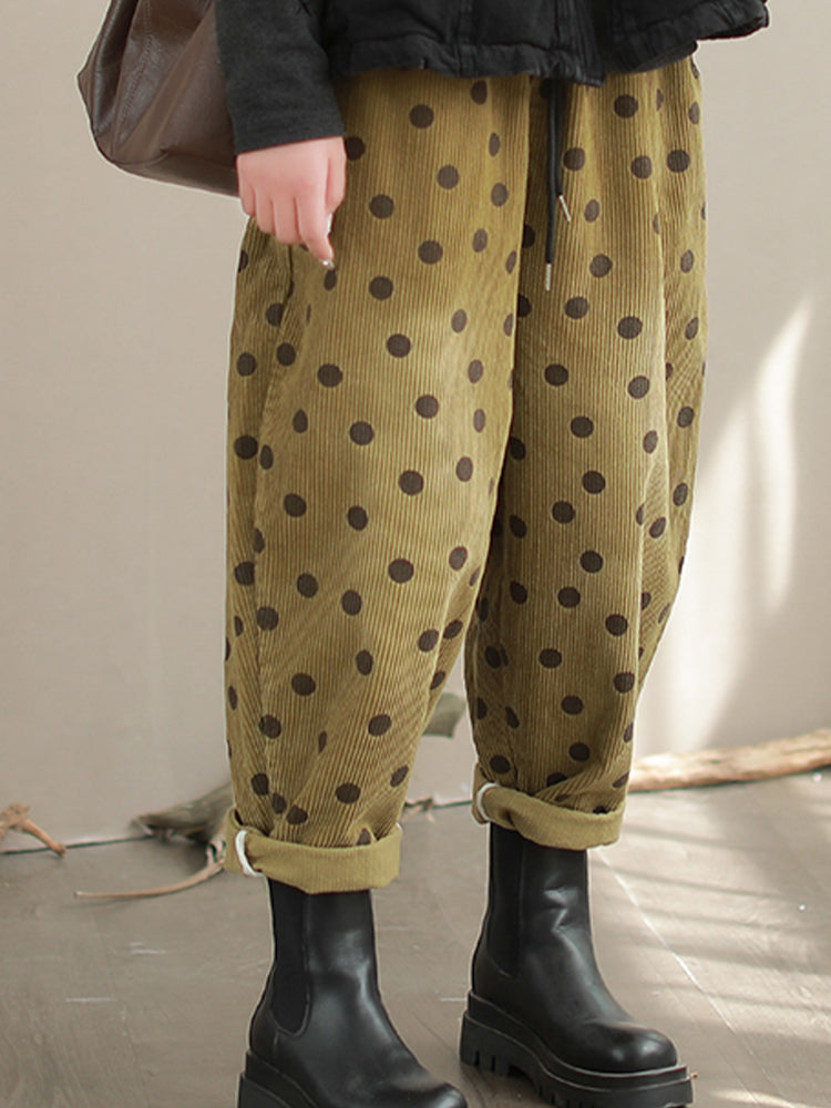 Dot Cozy Corduroy Pants – Polka Dot, Elastic Waist, Ankle Length