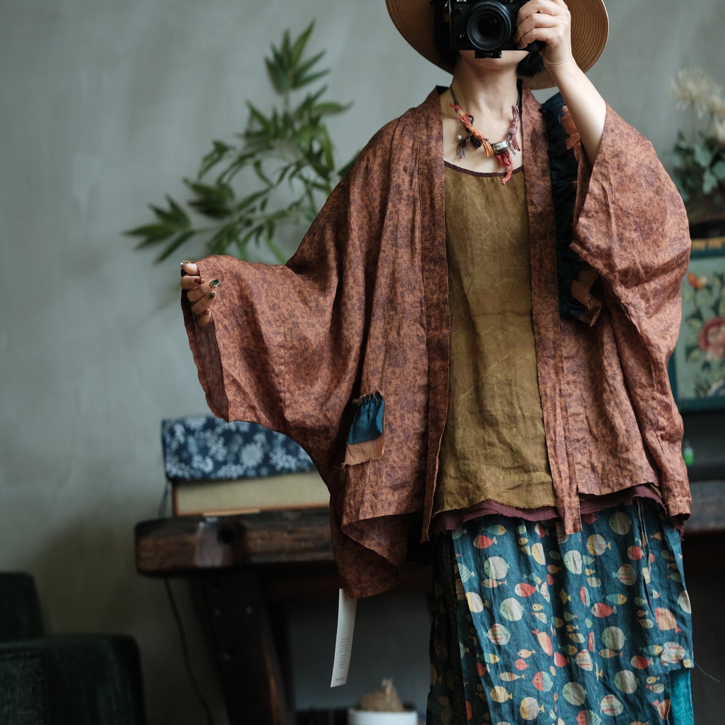 Vintage Fish Print Ramie Wide Leg Pants