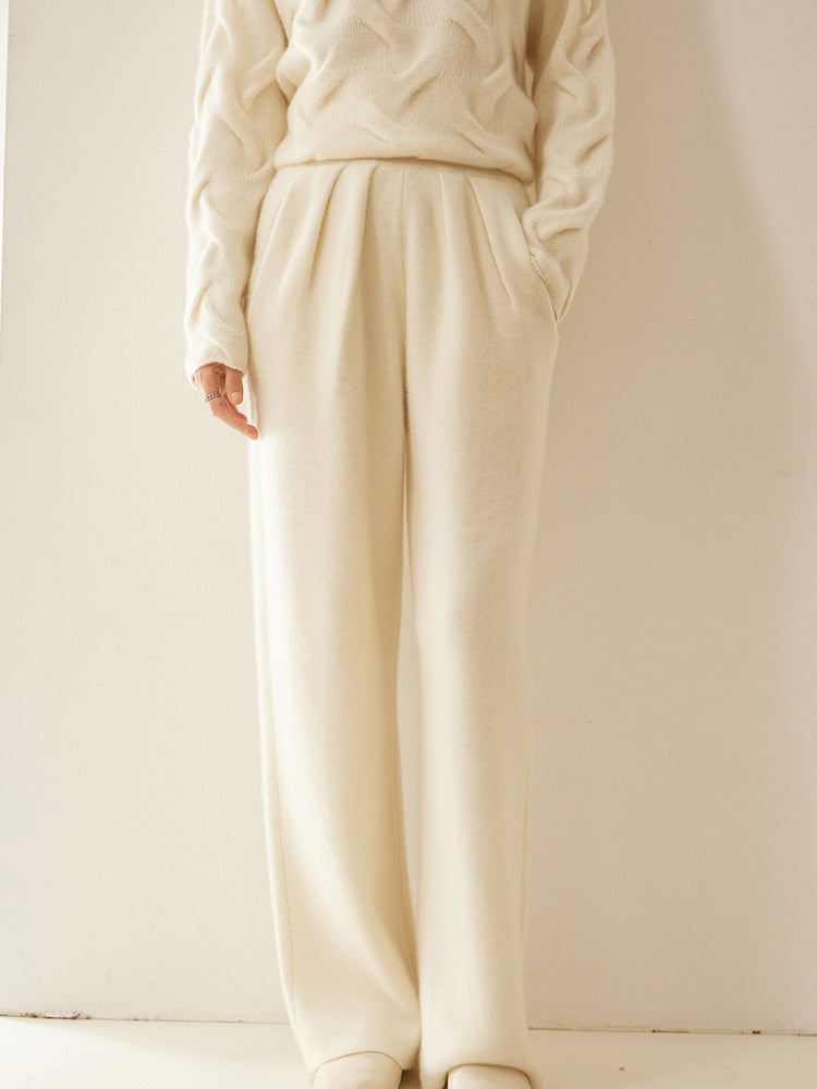 Cashmere Wool Wide-Leg Pile Detail Trousers