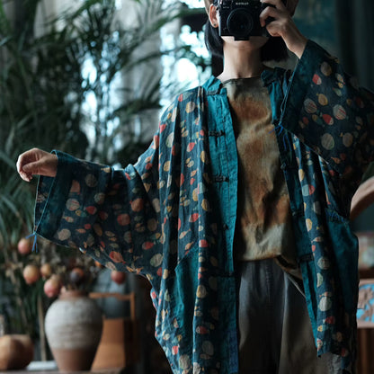 Indigo Fish Print Ramie Kimono