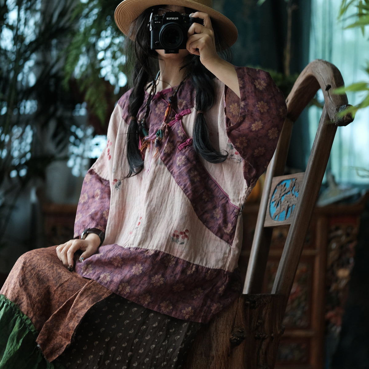 Wild Peony Cotton Batwing Blouse