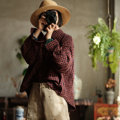 Vintage Plaid Linen Shirt - Oversized Boho Style