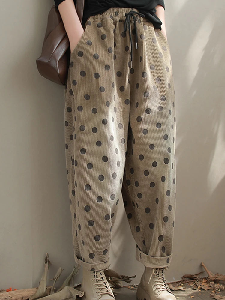 Dot Cozy Corduroy Pants – Polka Dot, Elastic Waist, Ankle Length