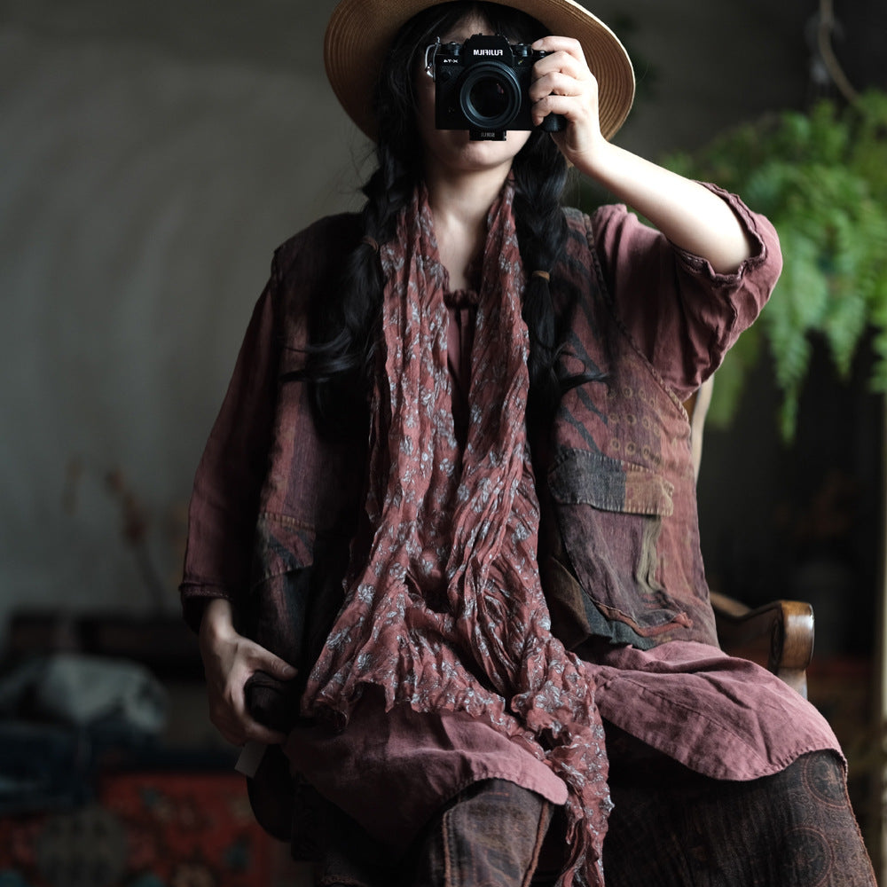 Gilet bohème en lin à poches