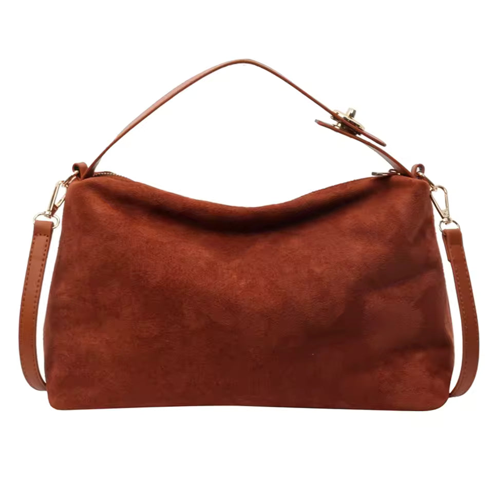 Vintage Suede Shoulder Bag for Women – Soft Matte Cowhide Leather Large Boston Tote | Autumn Winter Collection