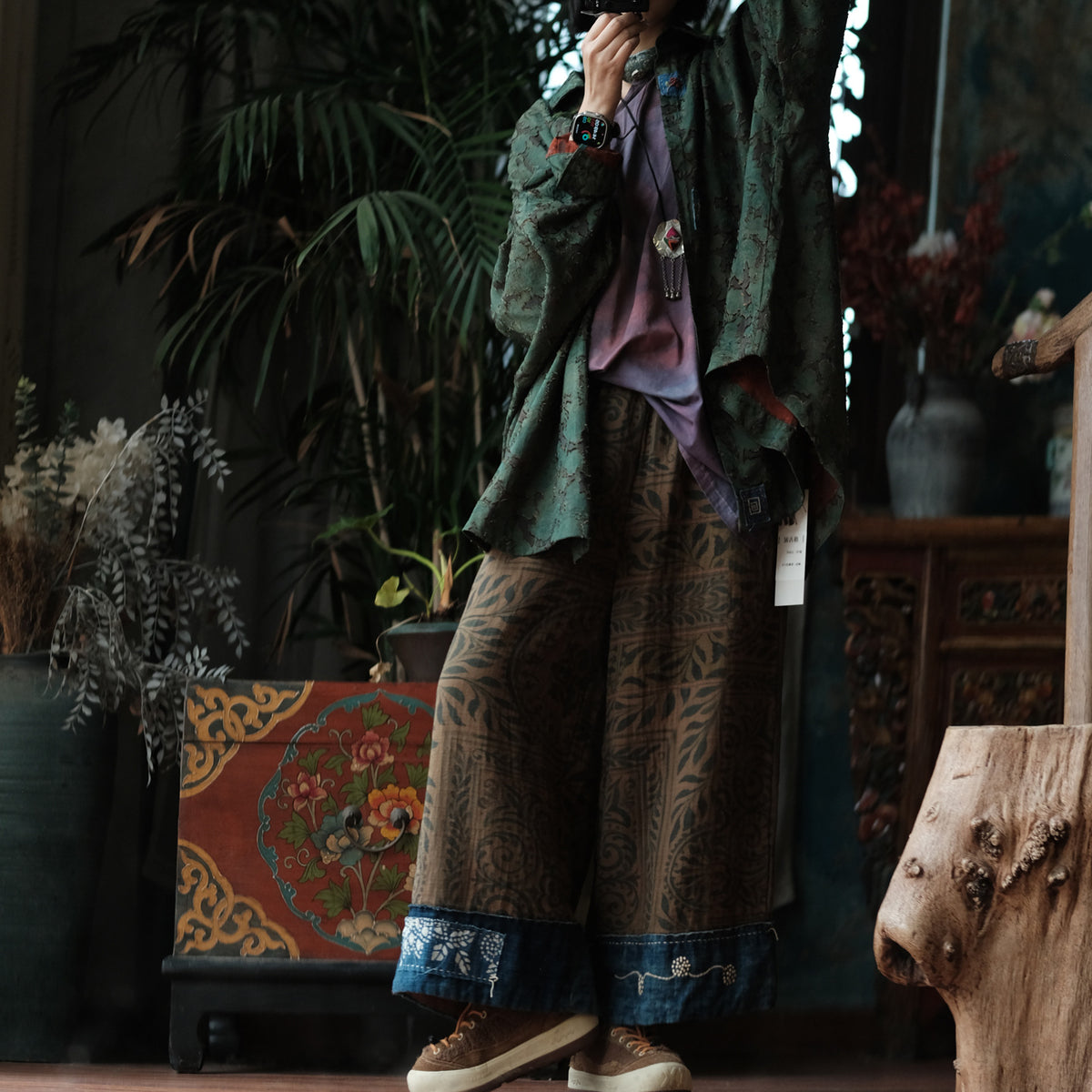 Botanical Archive Cropped Wide-Leg Cotton Pants