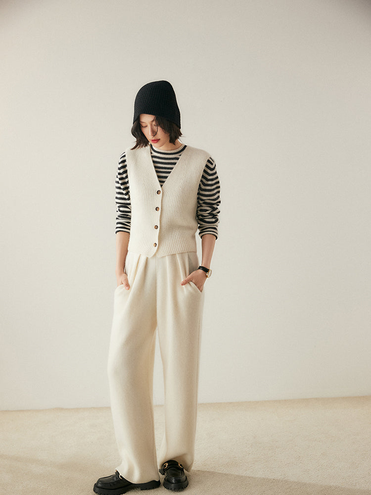 Cashmere Wool Wide-Leg Pile Detail Trousers