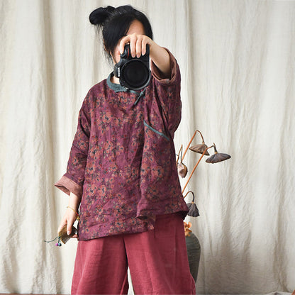 Vintage Bloom Contrast Linen Blouse