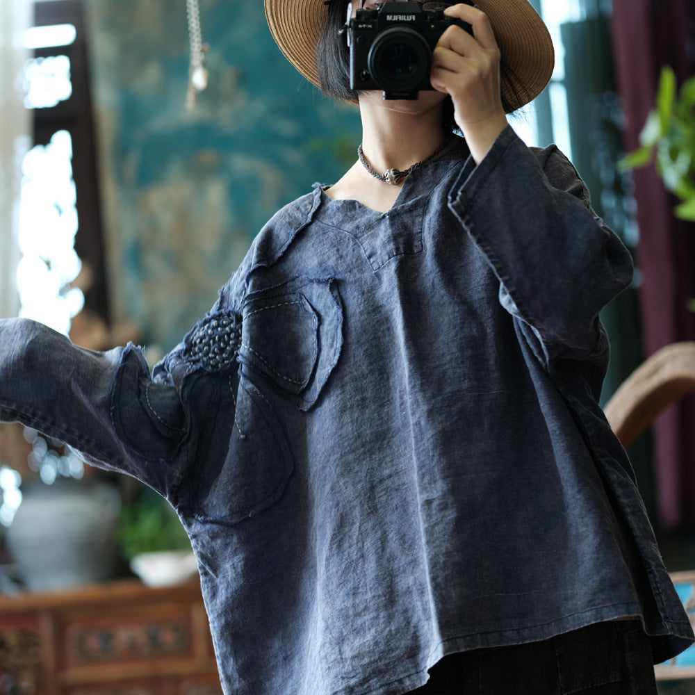 Vintage Floral Patchwork Ramie Blouse