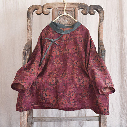 Vintage Bloom Contrast Linen Blouse