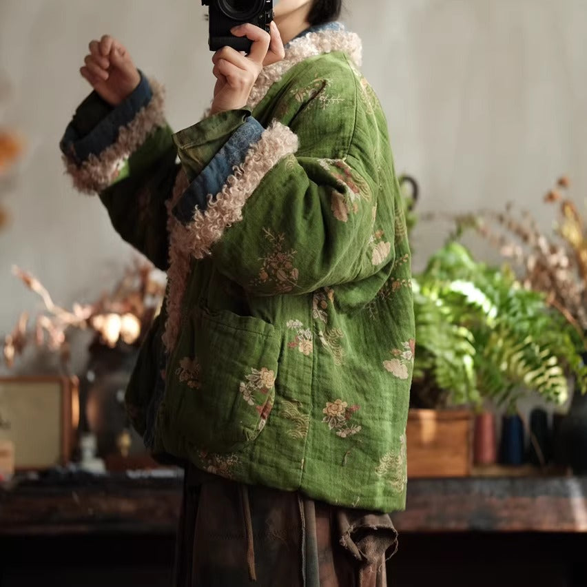 Vintage Winter Reversible Patchwork Cotton Linen Jacket – Floral Print, Lamb Fleece Trim Parka